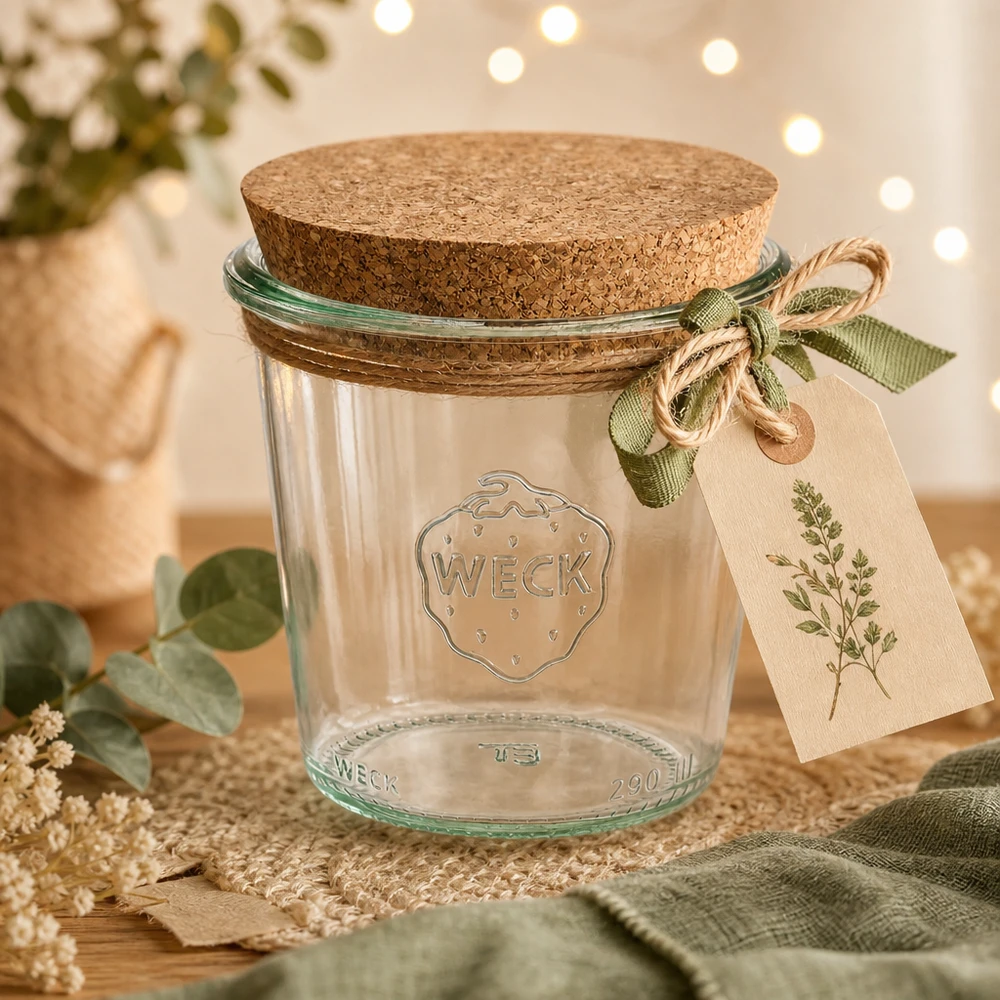 290 ml Krossade glasögon WECK RR80 med naturkork WECK tumlare 290ml RR80 dekorativt uppställda med korklock presentetikett och grönt band på träbord
