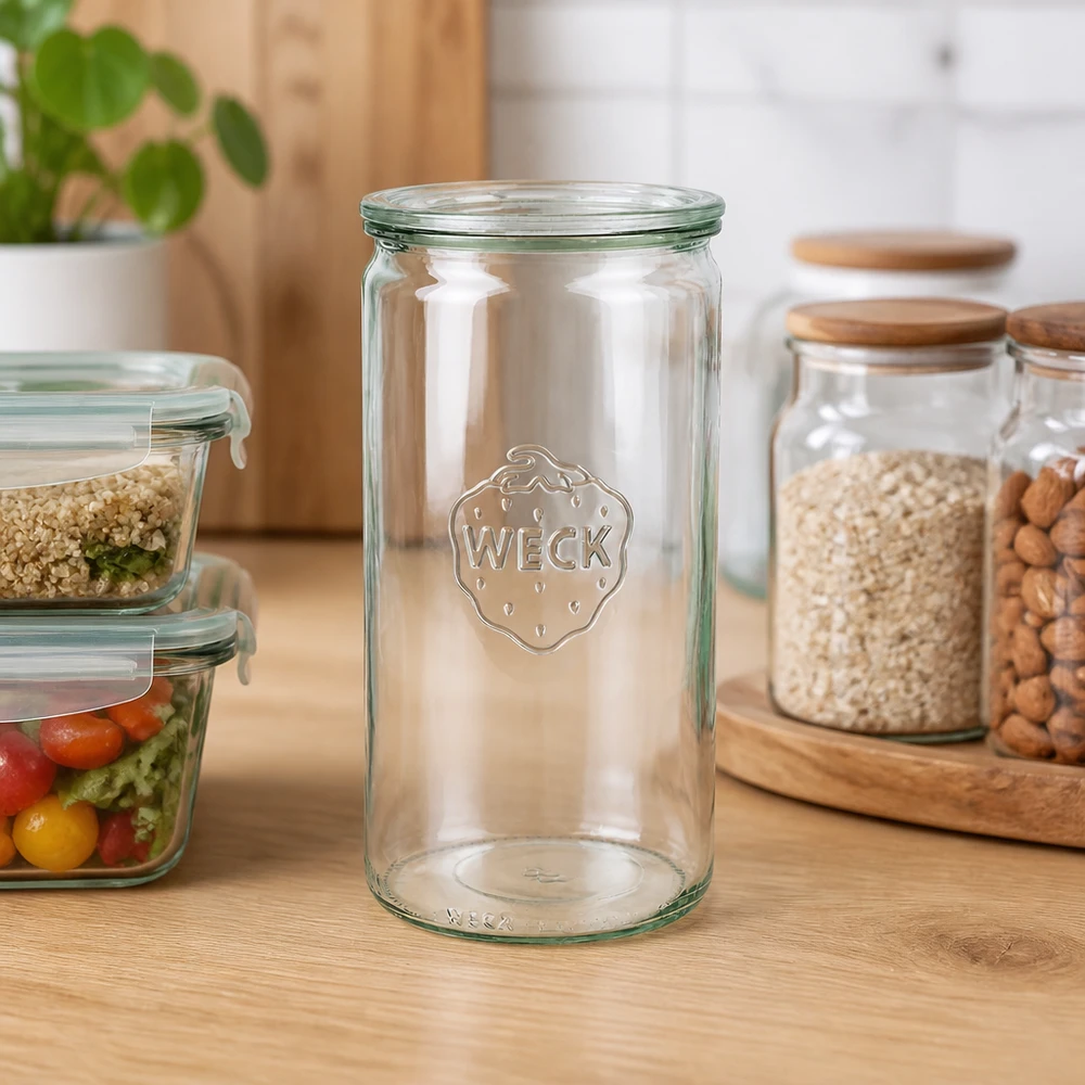WECK cylinderburk 1590ml RR100 tom på bänkskiva i trä i modernt kök med förvaringsburkar och växter