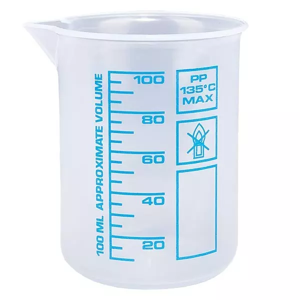 100 ml mätkopp (Griffin-kopp) PP, antistatisk, med hög transparens enligt DIN 12.311, med gradfri pärlkant, tryckt blå skala 100 ml mätkopp (Griffin-kopp) PP, antistatisk, med hög transparens enligt DIN 12.311, med gradfri pärlkant, tryckt blå skala
