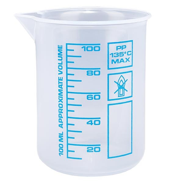 100 ml mätkopp (Griffin-kopp) PP, antistatisk, med hög transparens enligt DIN 12.311, med gradfri pärlkant, tryckt blå skala 100 ml mätkopp (Griffin-kopp) PP, antistatisk, med hög transparens enligt DIN 12.311, med gradfri pärlkant, tryckt blå skala