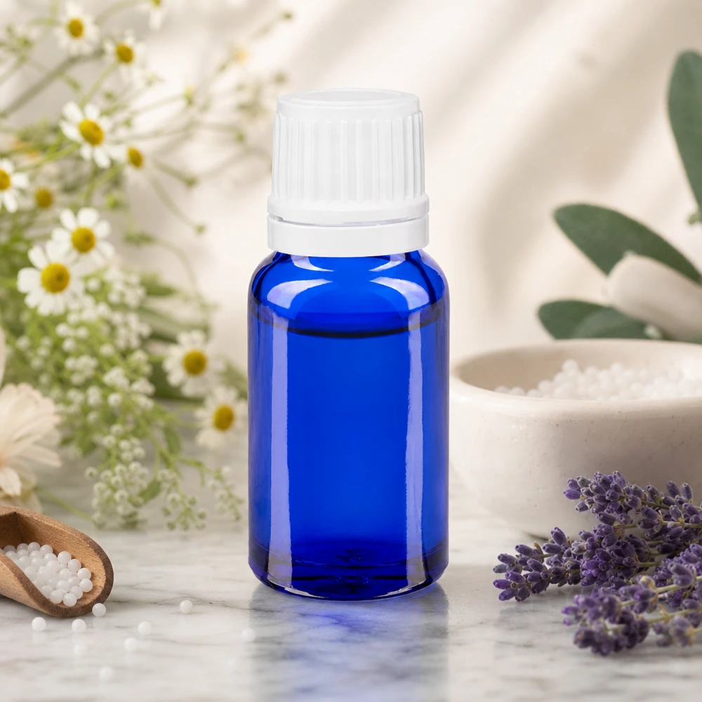 Apoteksflaska blå 10ml skruvkork vit säkerhetsförslutning Blå glasflaska på 10 ml med vitt skruvlock bredvid lavendel, kamomill och salt