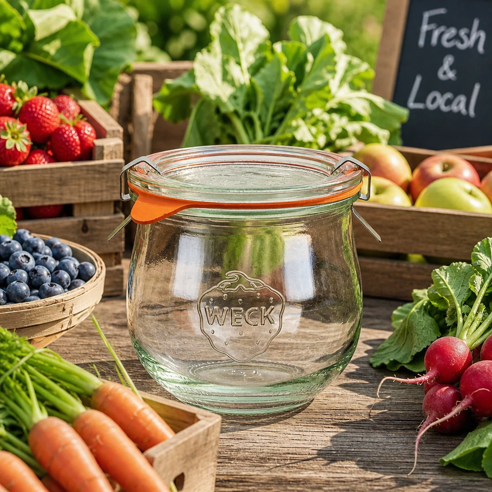 WECK tulpanburk 370ml RR80 i marknadsstånd med färsk frukt och grönsaker och Local Fresh-skylt för regionala produkter