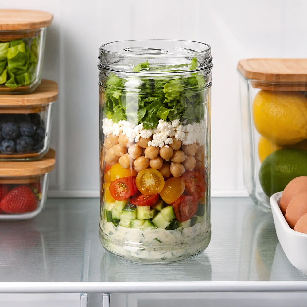 UNiTWIST-glas 1053ml TO100 som burk för måltidsförberedelser med lagrad sallad kikärtor feta tomater i kylen