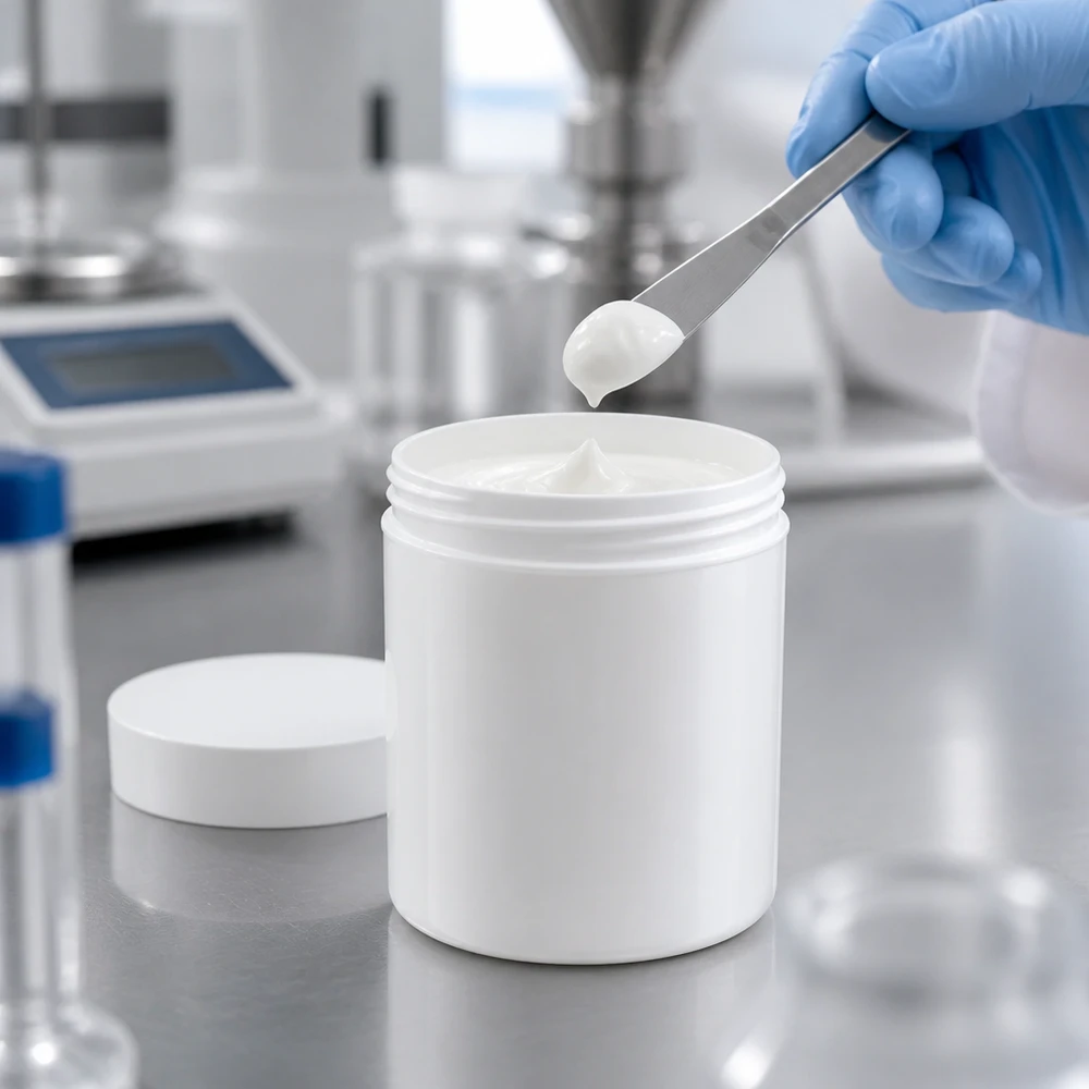 En laboratorieassistent tar ut kräm ur en vit 300 g-salvburk med skruvlock av polypropen