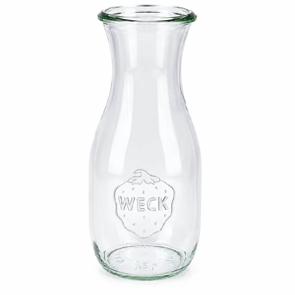 530 ml juiceflaska WECK RR60 530 ml WECK juiceflaska RR60 av glas med lock och präglad jordgubbslogotyp transparent