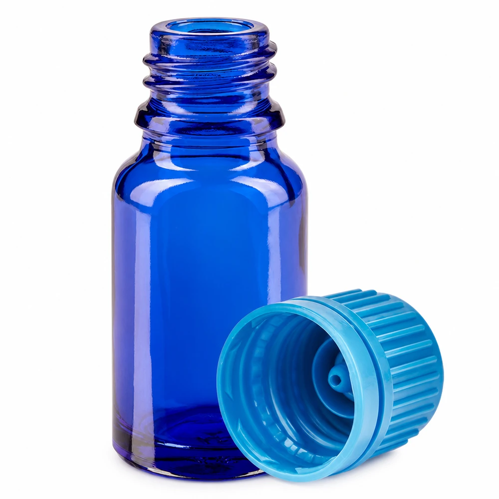 10 ml flaska av koboltblått glas med ljust turkos skruvkork för aromaterapi