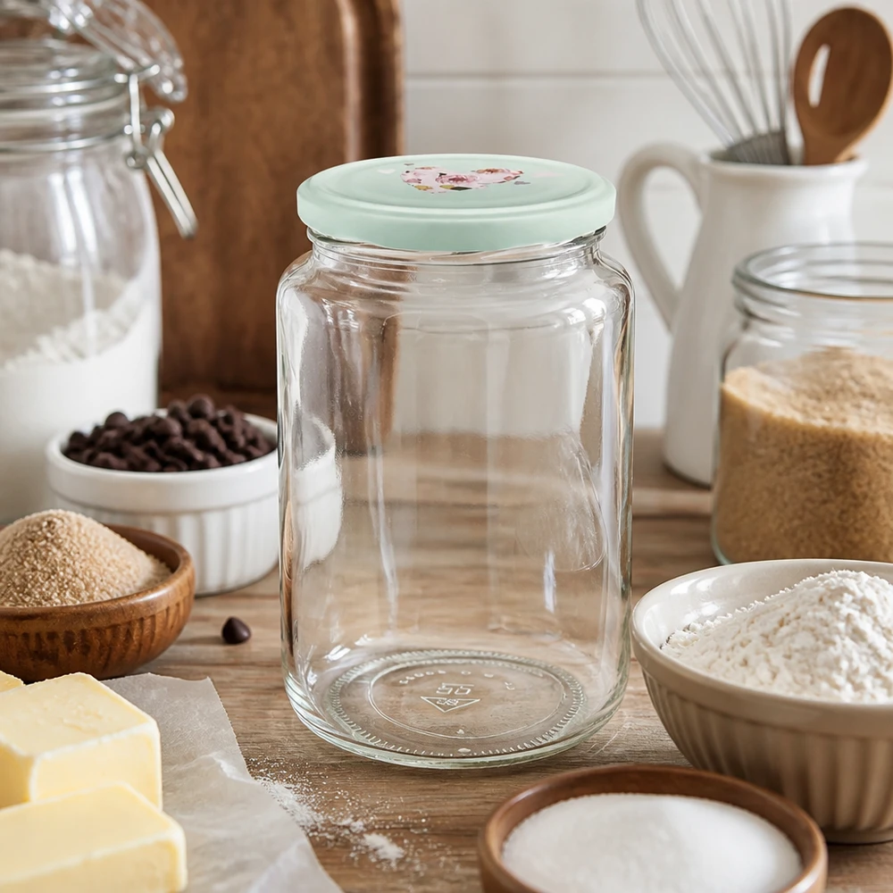 795ml rund burk tom med mint BasicSeal hjärtlock mellan bakingredienser mjöl smör på träskiva kökstillbehör