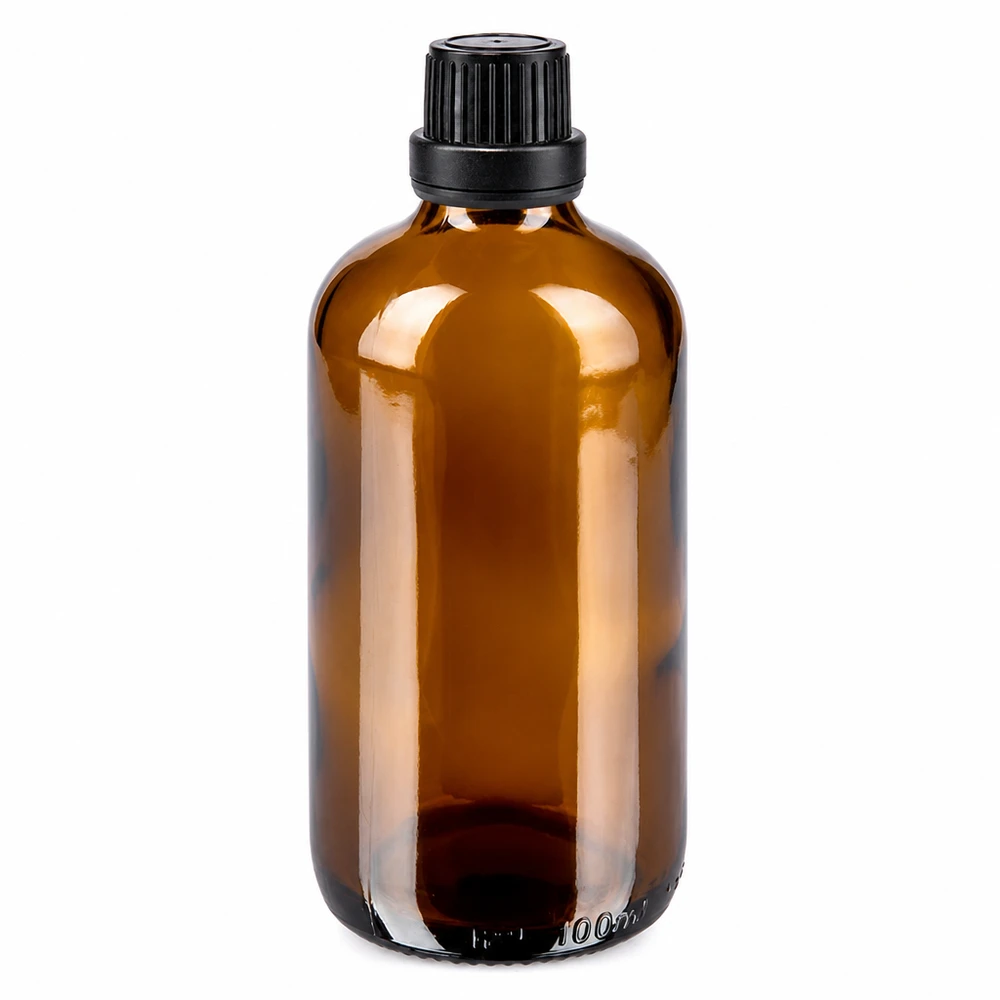 100 ml brun apoteksflaska i glas med svart originalförslutning, 11 mm