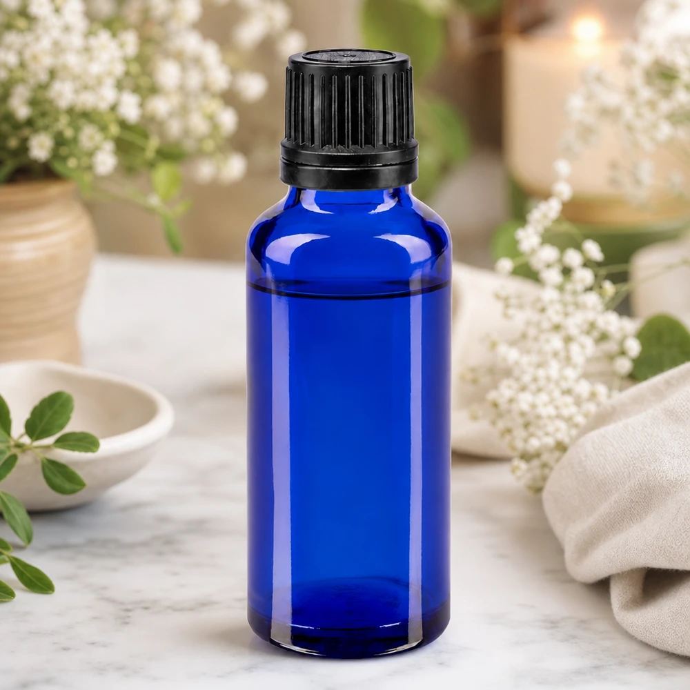 Liten 30 ml apoteksflaska i blått med svart skruvlock för eteriska oljor