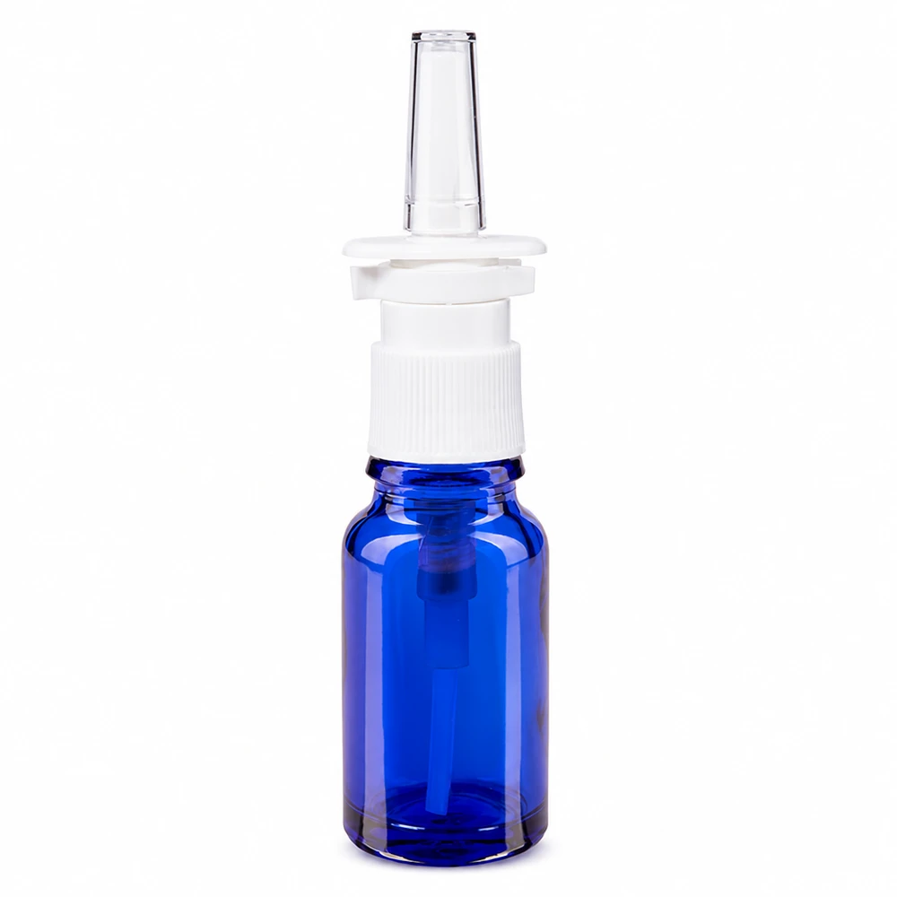 10 ml blå apoteksglasflaska med vit nässprayhuvud och genomskinlig munstycke