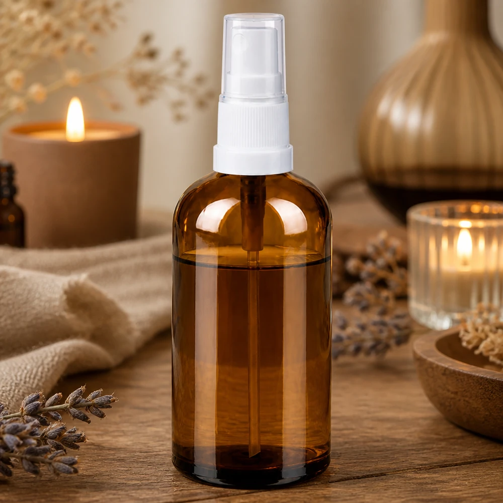 100ml Sprayflaska vit/transparent standardlock BrownLine UT18/100 Kompakt 100 ml sprayflaska i bärnstensfärgat glas med vit pumpmekanism för exakt dosering av vätskor