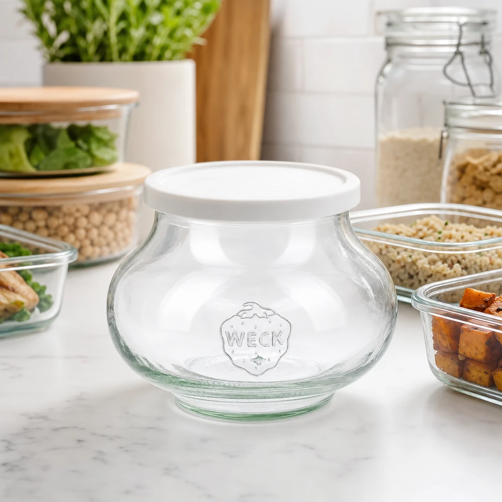 560 ml dekorativ burk med lufttätt lock, WECK RR80 WECK Vorratsglas 560ml RR80 in moderner Küche zwischen Meal-Prep Behältern und Gewürzgläsern für stylische Aufbewahrung