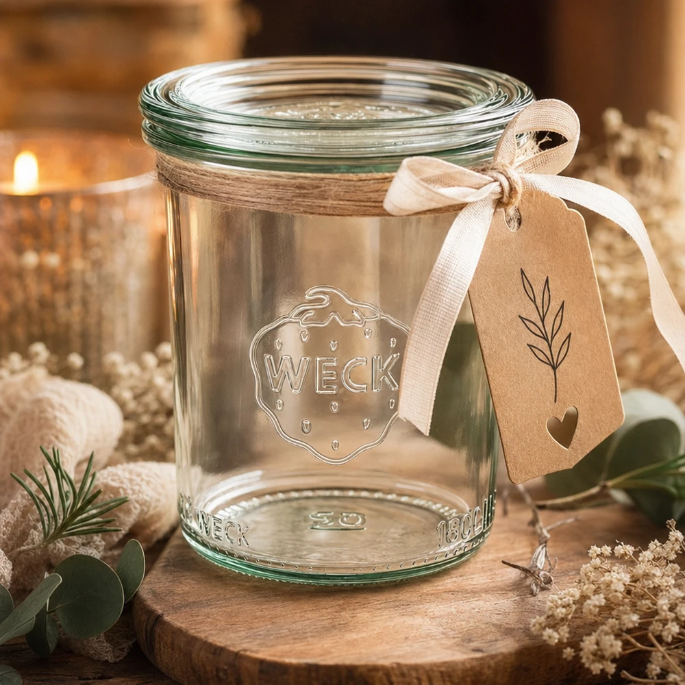 WECK RR60 160ml glasburk i presentförpackning med etikett och band i en mysig atmosfär med levande ljus