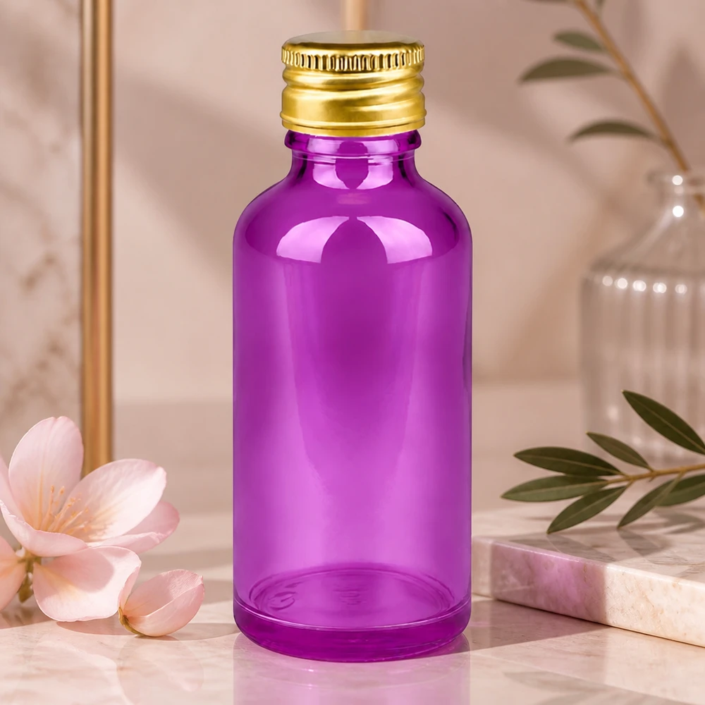 50ml flaska 11mm skruvkork aluminium guld standard PurpleLine. UT18/50 Elegant violett 50 ml glasflaska med blank yta och dekorativt guldlock