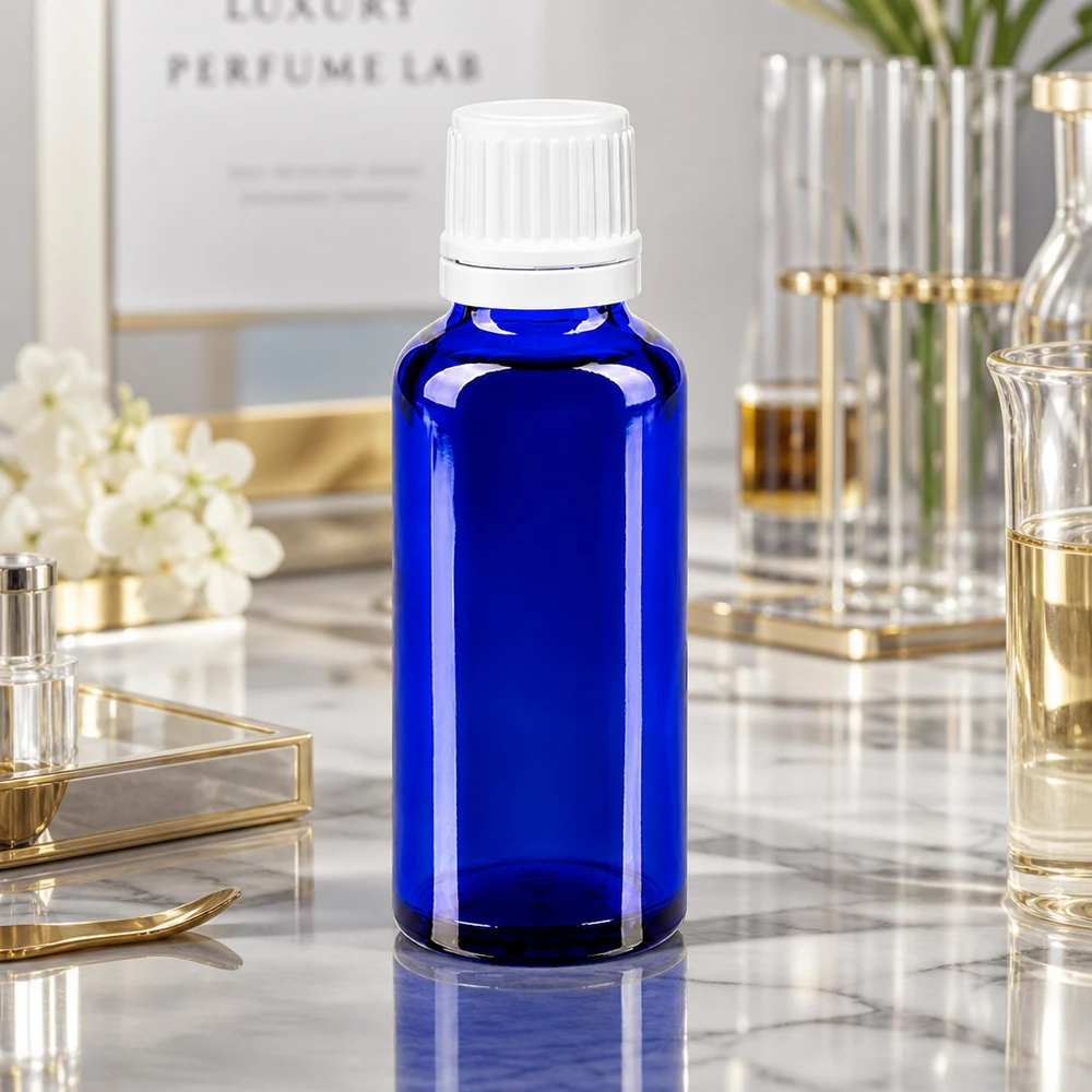 Koboltblå 30 ml apotekarflaska med vit originalförslutning i Luxury Perfume Lab-miljö