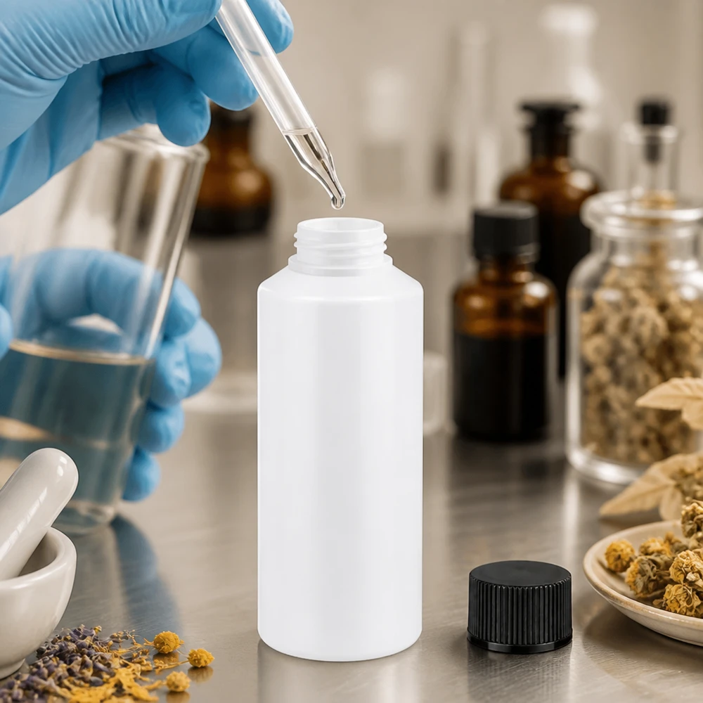 Apoteksflaska HDPE 100ml vit, med svart skruvlock Vit HDPE-apotekflaska på 100 ml med svart skruvlock i laboratoriet