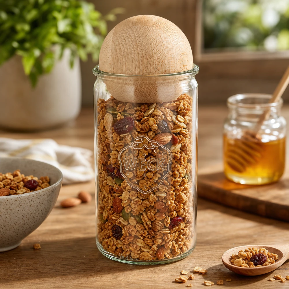 1590ml cylinderburk WECK RR100 med bokträkula WECK förvaringsburk 1590ml RR100 fylld med müsli och nötter visar praktisk köksanvändning med träkulpropp