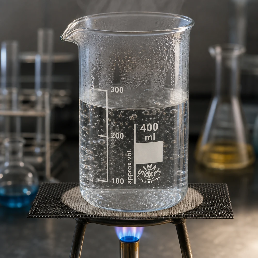 Bägare 400ml borosilikatglas, hög form Kokande vatten i ett 400 ml högt bägarglas på en bunsenbrännare med trådnät