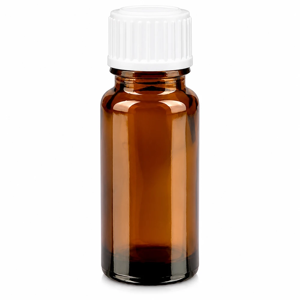 Apoteksflaska brun 10ml droppflaska vit 0,8mm standard 10 ml brun apoteksflaska av borosilikatglas med vit droppkork, 0,9 mm
