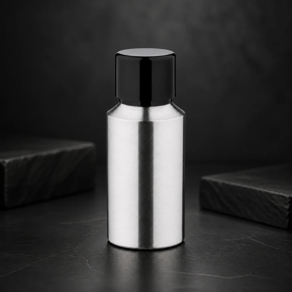 Högkvalitativ 30 ml aluminiumflaska med spegelblank yta och svart lock för premiumprodukter