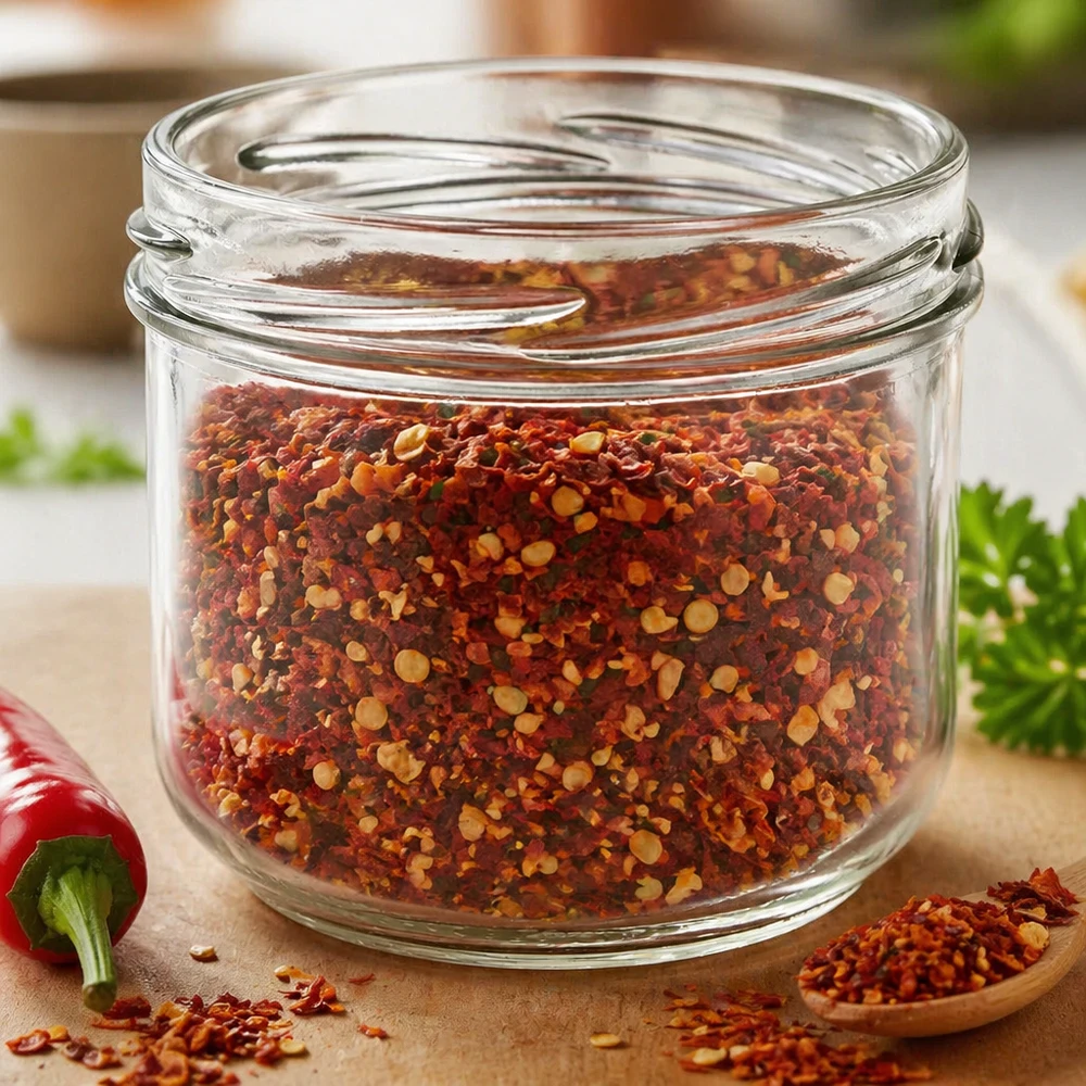UNiTWIST Sturz260 runt glas 260ml TO82 fyllt med chilikryddblandning på träskiva med örter