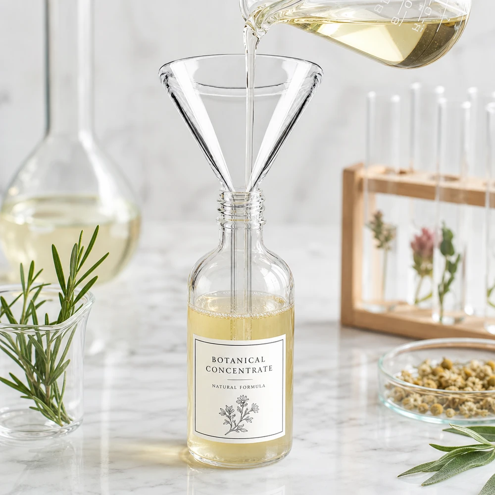 Kompakt laboratorietratt av soda-lime-glas med 40 mm öppning och praktiskt kort handtag för enkel hantering