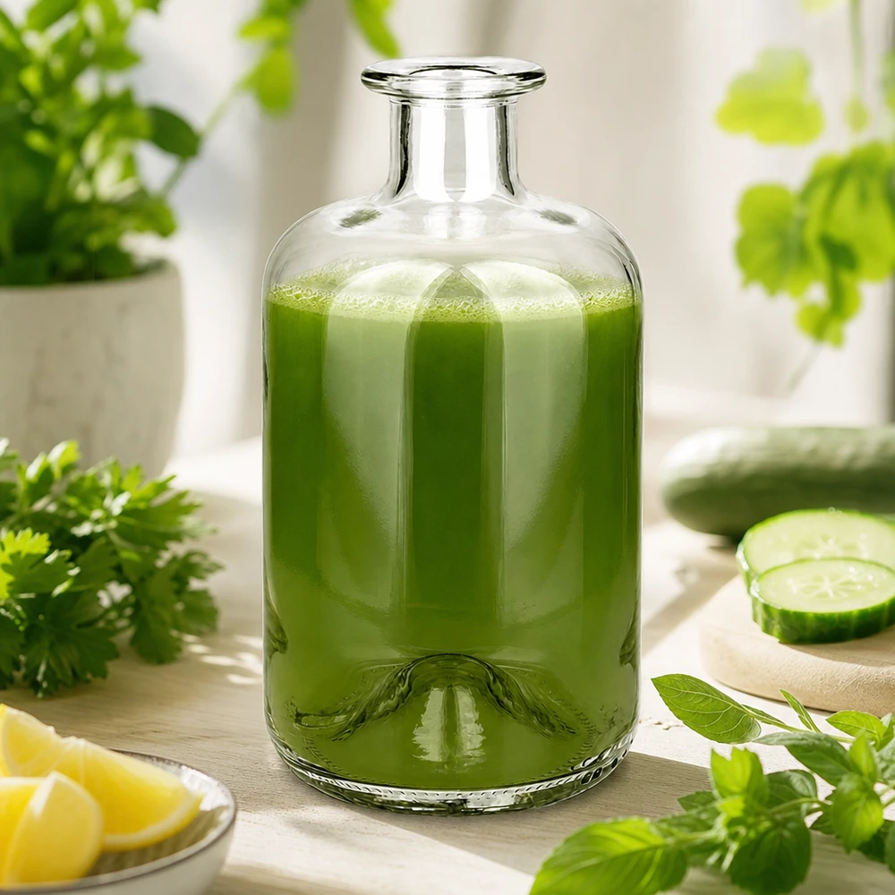 Apotekarflaska Luna 500ml fylld med grön smoothie omgiven av färska örter gurka och citron som en hälsodryck.