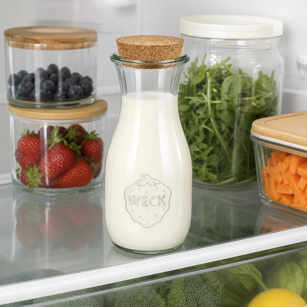 WECK juiceflaska 530 ml fylld med mjölk i kylen bredvid förvaringsburkar med bär, sallad och grönsaker