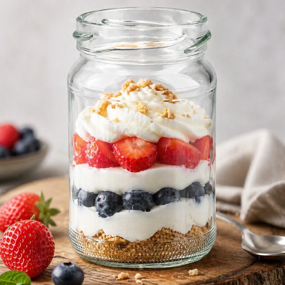 UNiTWIST Runda110 runt glas 110ml TO48 fyllt med en dessert bestående av bär, yoghurt och smulpaj på ett träbord