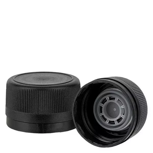 Skruvlock polypropylen 31,5 mm svart hällpip Tamper evident förslutning