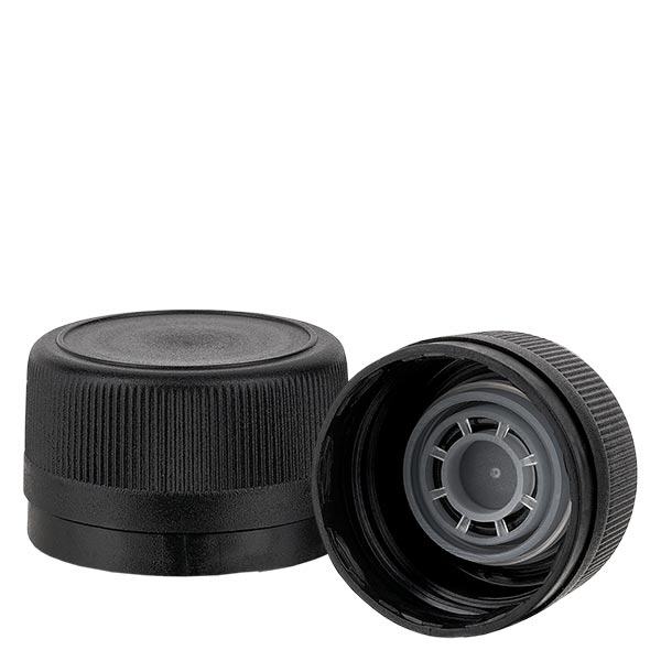 Skruvlock polypropylen 31,5 mm svart hällpip Tamper evident förslutning