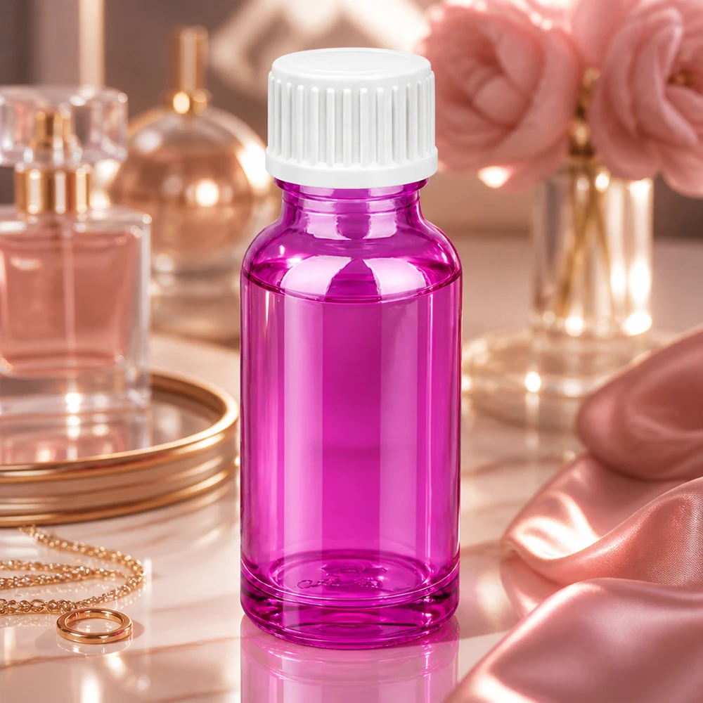 20ml (globule) flaska 3mm hällring vit standard PurpleLine.UT18/20 Högkvalitativ 20 ml glasflaska i glänsande lila med barnsäkert skruvlock