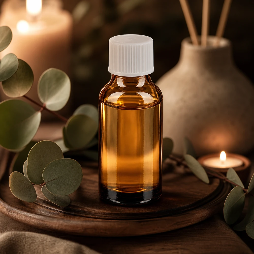 Liten 20 ml glasflaska i brunt med standardlock, perfekt för eteriska oljor och tinkturer