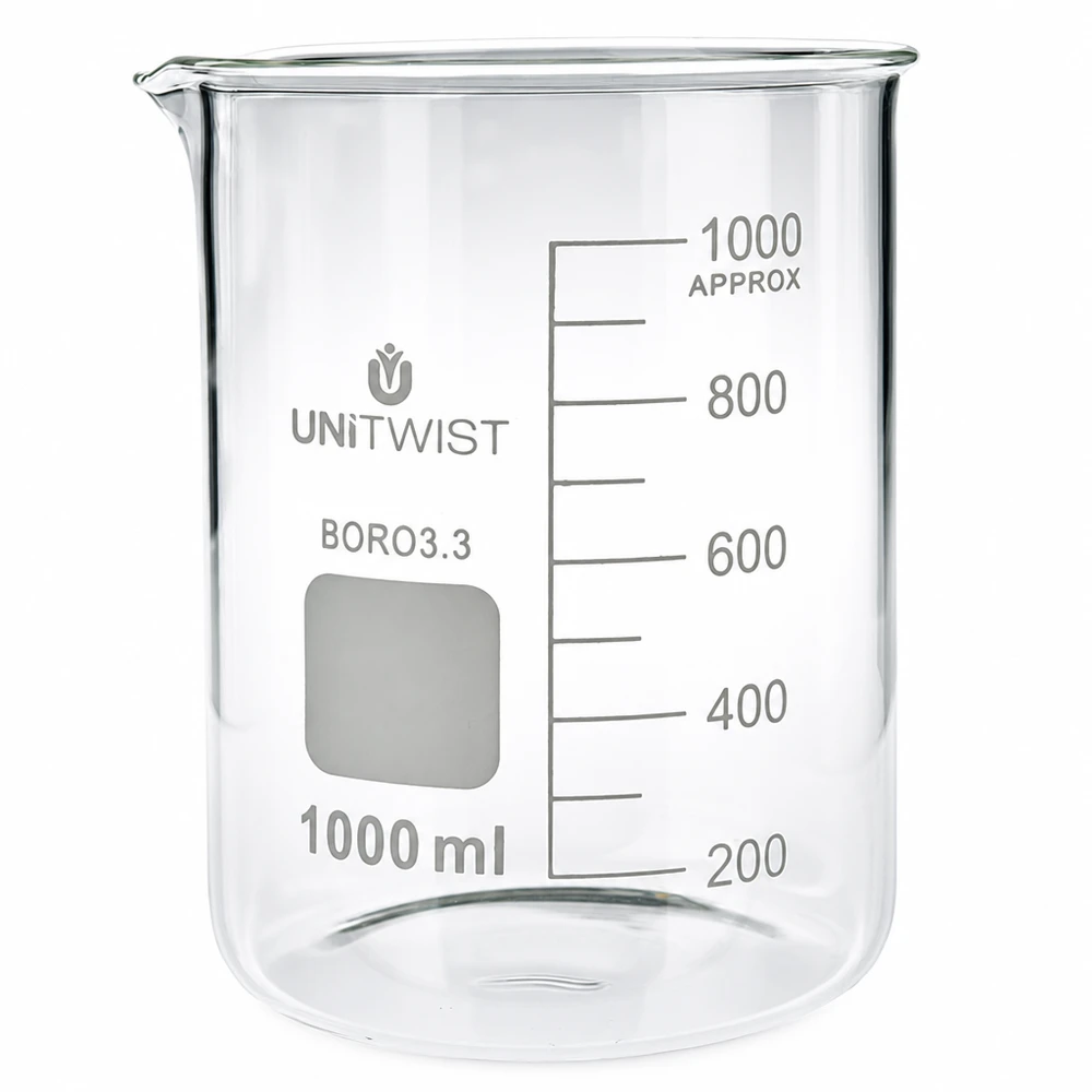 Bägare 1000ml borosilikat, lågformad UNiTWIST 1000 ml bägare i borosilikatglas, låg form med skala upp till 1000 ml från UNiTWIST