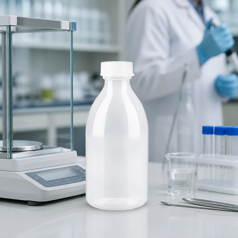 250ml skruvflaska, laboratorieflaska med smal hals 250 ml skruvflaska med smal hals av LDPE bredvid en analysvåg i ett modernt forskningslaboratorium