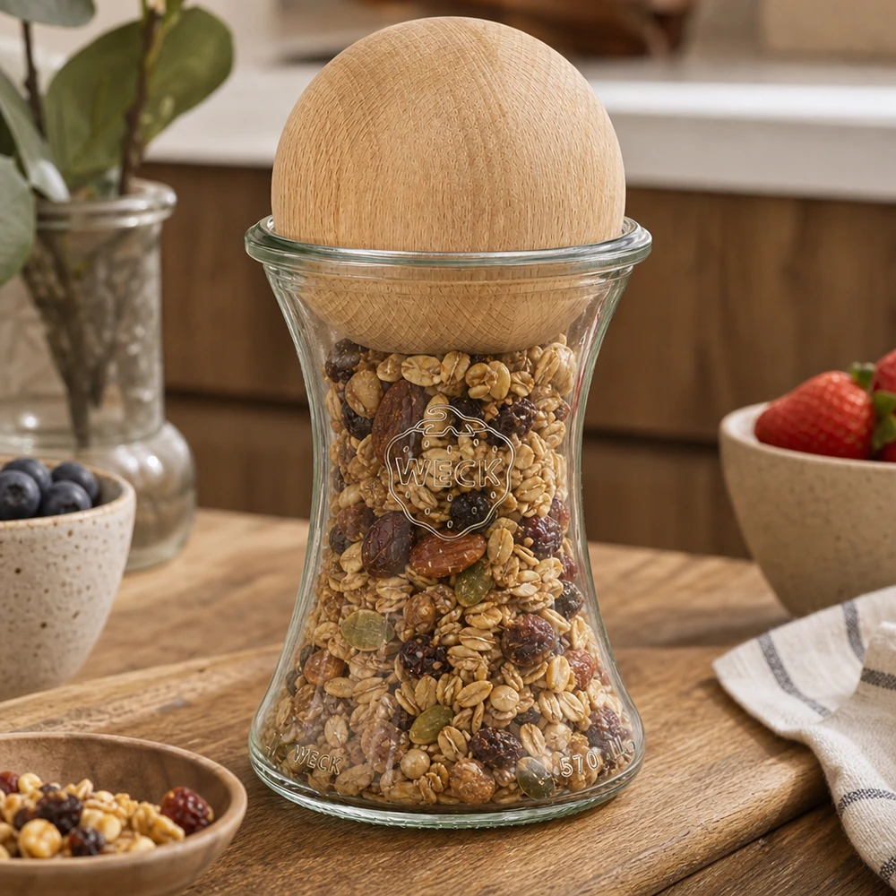 370 ml delikatessburk WECK RR80 med träkula bok WECK Vorratsglas 370ml mit Buchenholzkugel gefüllt mit Müsli Nüssen auf Holzbrett Küchendeko stylisch