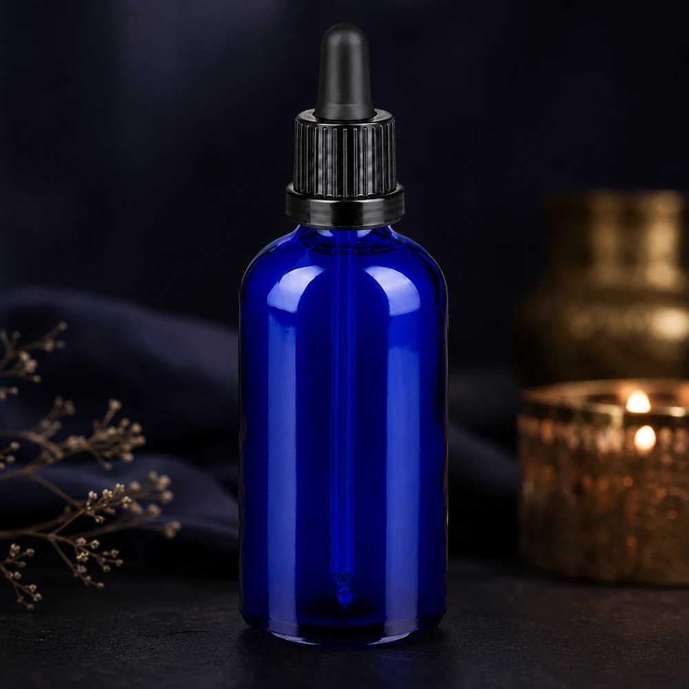 100 ml pipettflaska svart med säkerhetsförslutning BlueLine UT18/100 Elegant blå glasflaska 100 ml med svart gummipipett för snygg produktpresentation