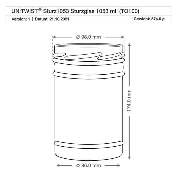 1053ml Krossade glasögon utan lock (TO100) UNiTWIST UNiTWIST-glas 1053ml TO100 teknisk ritning med mått Diameter 98mm Höjd 174mm Vikt 574g