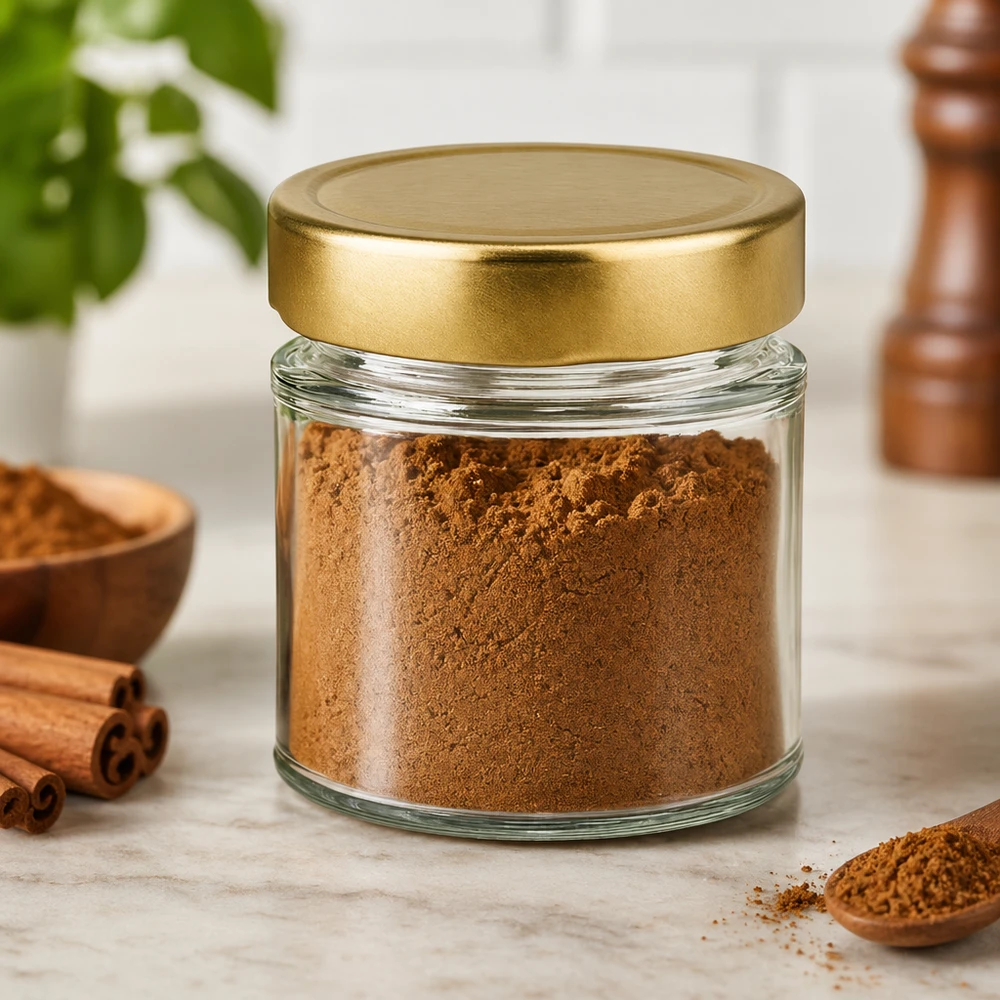 154ml rund burk BasicSeal guld fylld med brunt pulver kanel kryddor kök landskap förvaring burk förvaring