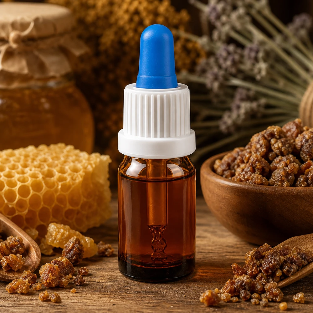 Kompakt 5 ml pipettflaska i bärnstensfärgat glas med vitt skruvlock för UV-skydd av naturprodukter