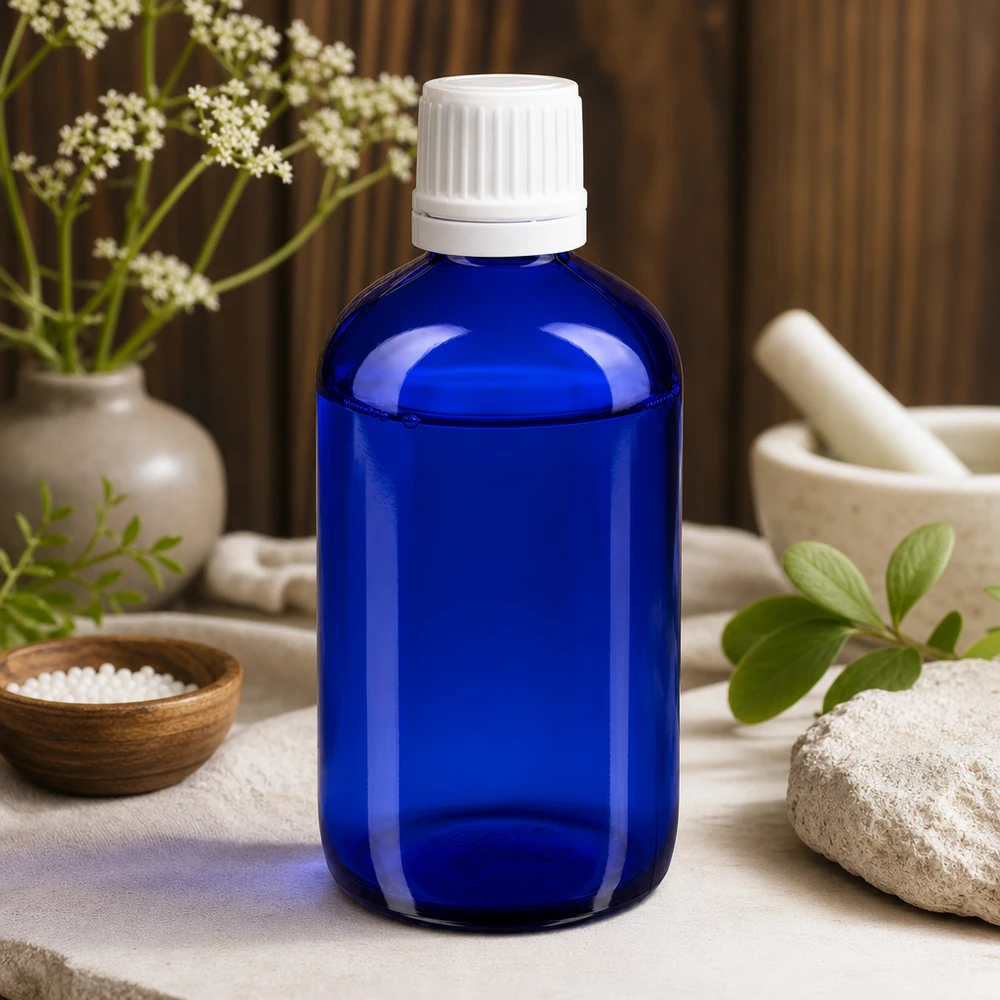Apoteksflaska blå 20ml droppflaska vit barnskyddande standard Exakt 20 ml droppflaska av UV-skyddande glas i blått med vit KiSi-kork för apoteksprodukter