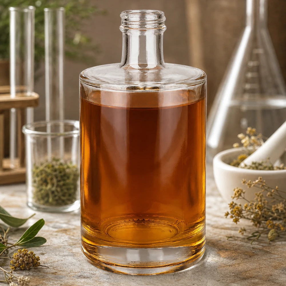 500 ml glasflaska Sam utan skruvkork UNiTWIST® 500ml Glasflasche Sam mit bernsteinfarbener Flüssigkeit Labor-Atmosphäre Kräuter Mörser Reagenzgläser Apotheker-Stil