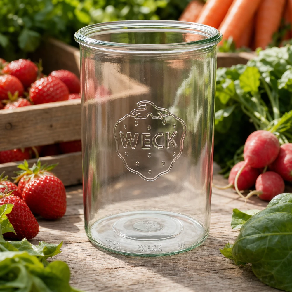 1000 ml burk WECK RR100 WECK 1000 ml RR100-glas med logotyp på träbord omgivet av färska jordgubbar, rädisor och grönsaker