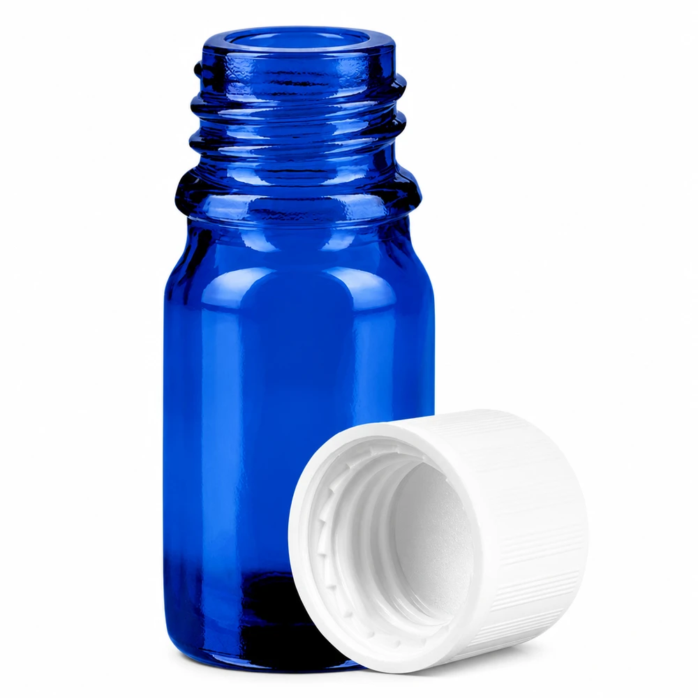 5 ml laboratorieflaska av blått glas med 11 mm gänga och barnsäkert lock