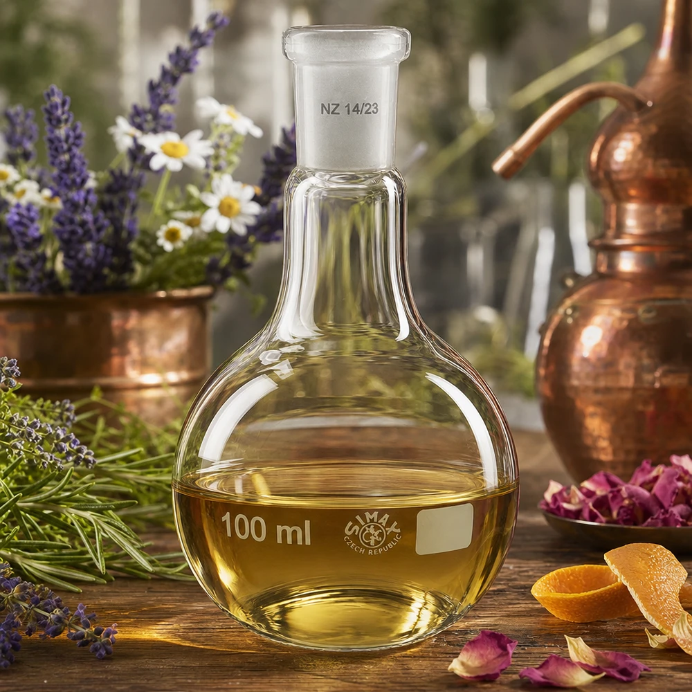 Höftkolv 100ml med standard slipad led (14/23) Stående kolv 100 ml med guldfärgad lösning och standardmjöl 14/23 för extraktionsförfaranden