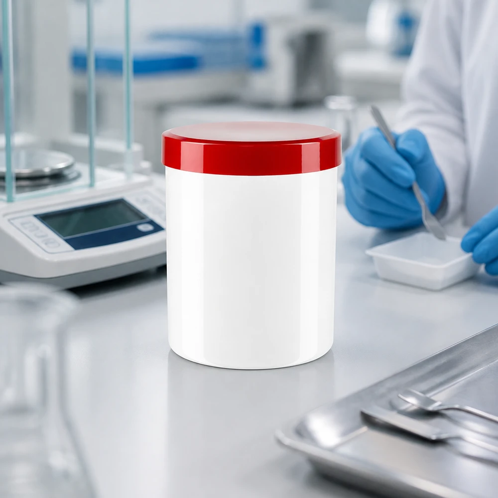 Salvburk 50g vit med rött skruvlock (polypropylen) Rund vit salvorburk på 50 g av PP med rött skruvlock för farmaceutiska tillämpningar