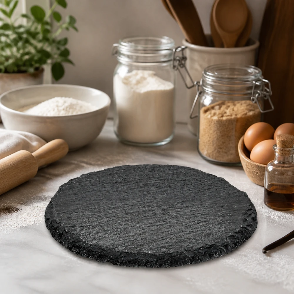 Serveringsfat skiffer rund Ø150mm Runde Schieferservierplatte 15cm inmitten von Backzutaten und Küchenutensilien als stilvolle Arbeitsunterlage