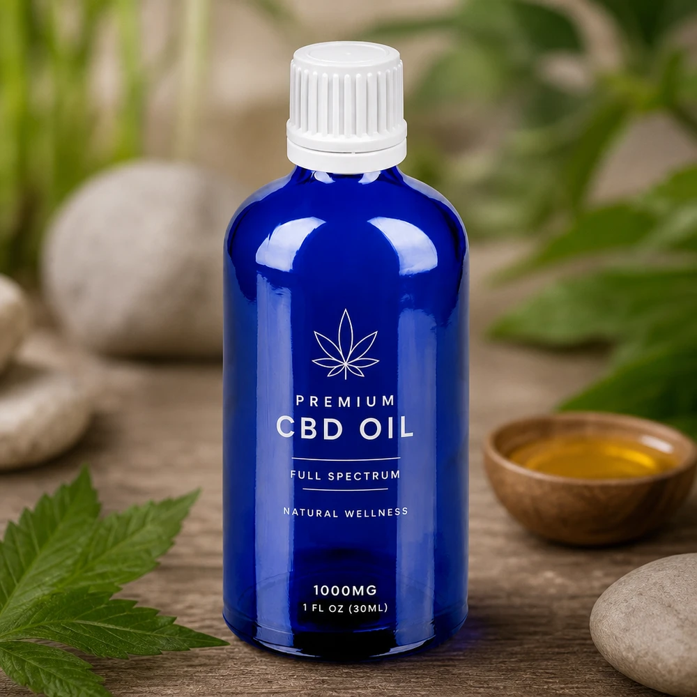 Kompakt 100 ml glasflaska i intensivt blått med vitt lock för CBD-oljor och tinkturer