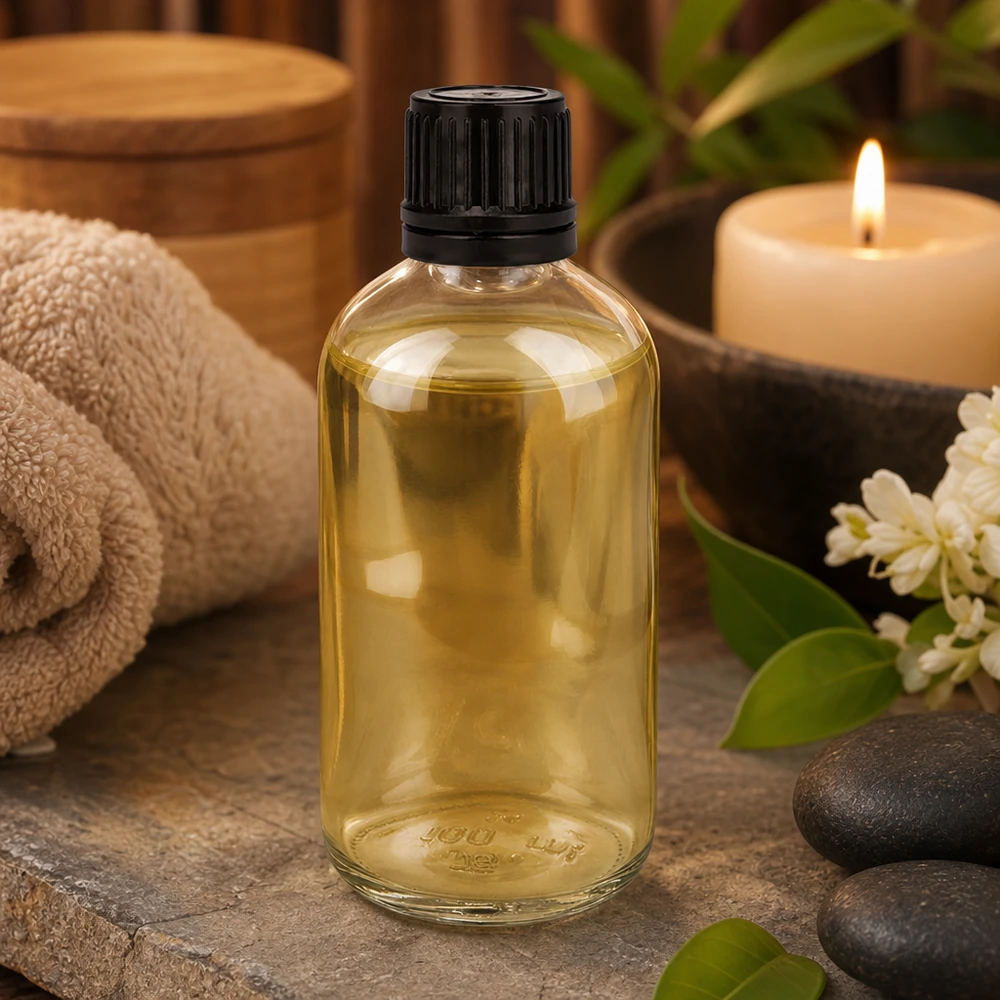 Glasflaska för aromaterapi, 100 ml, med standardgänga och svart lock för eteriska oljor