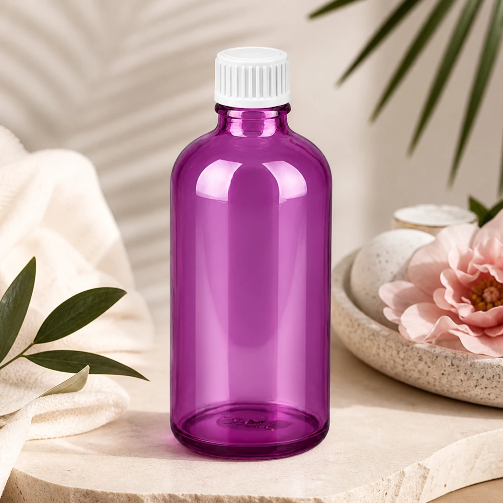 100ml (globule) flaska 3mm hällring vit Standard PurpleLine. UT18/100 Kompakt 100 ml violett glasflaska med UT18-gänga för aromaterapiprodukter